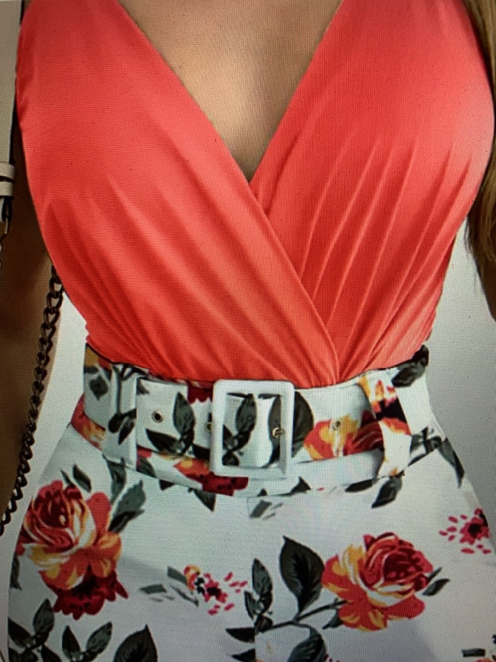 Coral Wrap V-Neck Romper with Floral Belted Shorts - Picture 3 of 3